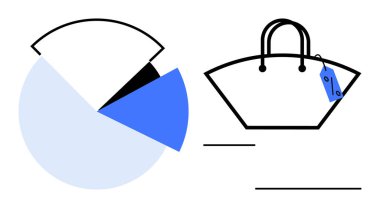 Mavi ve siyah pasta grafiği veri dağılımını gösteriyor, fiyat etiketli bir alışveriş çantasının yanında. E-ticaret, moda satışları, perakende analizi, tüketici davranışı, pazar eğilimleri, ekonomik çalışmalar için ideal