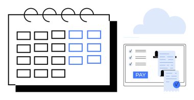 Monthly calendar with marked dates next to a cloud-connected tablet displaying a payment form with receipts. Ideal for finance planning, bill payments, scheduling, bookkeeping, budgeting clipart