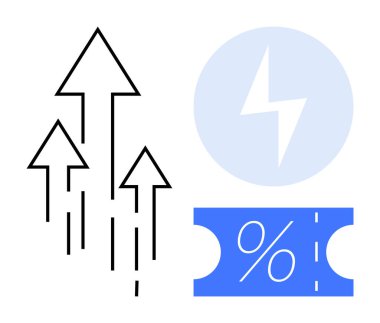 Mavi bir yıldırım sembolü ve indirim kuponunun yanında yukarı doğru uzanan üç siyah ok. Ticari büyüme, enerji verimliliği, hız, indirimler, başarı, yükselen eğilimler, ekonomik konsept için ideal