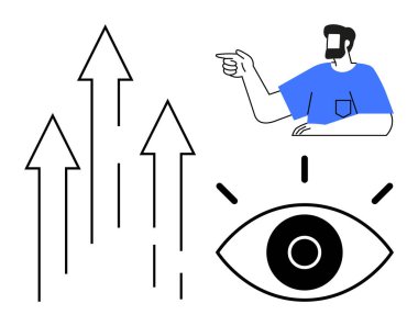 İşaret eden adam, yukarı doğru beş ok ve ışınlı bir göz. Liderlik için ideal, büyüme, vizyon, rehberlik, başarı karar verme, gelecek planlama. Soyut düz metaforlu minimal tasarım