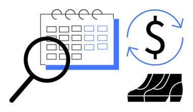 Bir takvime odaklanan büyüteç, alım satımı gösteren oklarla dolar işareti, trendleri gösteren grafikler. Bütçe planlaması, gider takibi, mali analiz ve ekonomi için ideal