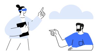 İki soyut insan etkileşimde bulunuyor, biri VR gözlüklü, elinde tablet var, diğeri işaret ediyor. Teknolojik yenilik, takım çalışması, bulut hesaplama, sanal gerçeklik, gelecekteki teknoloji, dijital