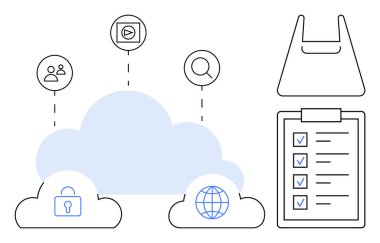 Ana unsurlar arasında kilit, küre, kullanıcı grubu araması, video ikonları kontrol listesi ve alışveriş çantası olan bulut simgeleri yer alıyor. Bulut depolama, veri güvenliği, kullanıcı yönetimi, e-ticaret, organizasyon için ideal