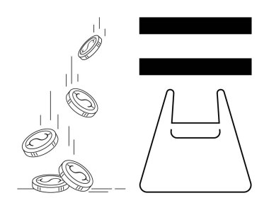 Coins falling into a reusable shopping bag, with two bold horizontal lines above. Ideal for sustainability, saving money, eco-friendly living, equality in consumption, financial management clipart