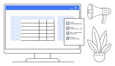 Masaüstü monitörü bir kontrol listesi, megafon ve saksı bitkisi eşliğinde tablo verilerini gösteriyor. Üretkenlik, proje yönetimi, organizasyon, iletişim, verimlilik işyeri dekorasyonu için ideal
