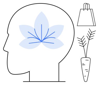 İçinde mavi bir çiçek olan insan kafası silueti farkındalığı ya da akıl sağlığını temsil ediyor. Yanında bir alışveriş çantası ve havuç var. Zihinsel sağlık, sağlıklı yaşam ve beslenme için ideal.