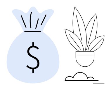 Dolar işaretli para çantası ve çevresindeki elementlerle saksı bitkisi. Finans, yatırım, büyüme, tasarruf, ekonomi, refah ve zenginlik için ideal. Finansal büyüme ve yatırımı temsil ediyor