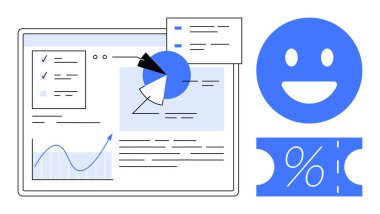 Çoklu grafikler, grafikler, gülen yüz ifadeleri ve indirim kuponu ikonu olan veri paneli. Veri analizi, müşteri memnuniyeti, iş analizleri, pazarlama stratejileri, promosyon