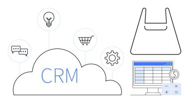 Ortasında CRM olan bulut, konuşma baloncukları, ampul, alışveriş arabası, teçhizat, alet, mali takip cihazı olan monitör. Dijital pazarlama, e-ticaret müşteri hizmetleri yenilik teknolojisi için ideal
