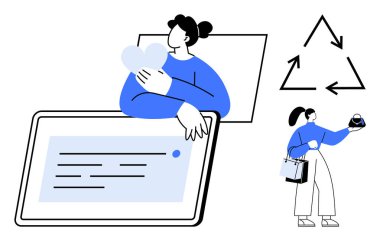 Kalp ikonu tutan kişi, alışveriş torbaları, mesaj gösteren tablet, geri dönüşüm sembolü olan bir başkası. Dijital iletişim, çevresel sürdürülebilirlik, e-ticaret, çevrimiçi etkileşim için ideal