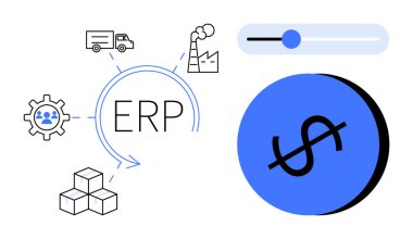 ERP lojistik, imalat, insan kaynakları ve envanter simgeleri ile çevrili. Bir kaydırma ve dolar işareti finansal yönetimi temsil ediyor. İş süreçleri, otomasyon, verimlilik için ideal