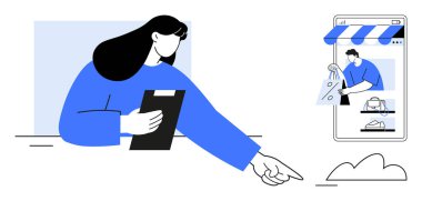 Cep telefonundaki alışveriş uygulamalarını gösteren tabletli bir kadın. E-ticaret, çevrimiçi alışveriş, dijital işlemler, veri analizi, kullanıcı etkileşimi, teknoloji ilerlemesi ve iş büyümesi için ideal