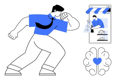 Adam akıllı telefon kullanarak online alışveriş yapıyor, zihni ve duygularıyla bağlantı kuruyor. Çevrimiçi alışveriş, akıl sağlığı, e-ticaret, insan bağlantısı, teknoloji yeniliği, tüketici alışkanlıkları için ideal