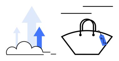 Mavi etiketli büyük bir el çantasının yanındaki buluttan yükselen mavi oklar. İş büyümesi, satış artışı, bulut hesaplama yardımları, e-ticaret, moda endüstrisi, pazar için ideal