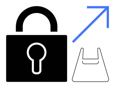 Büyük siyah asma kilit, yukarı doğru mavi ok ve çizilmiş alışveriş çantası resmi. Güvenlik, büyüme, e-ticaret, koruma, online alışveriş şemaları sunumları için ideal. Soyut çizgi düz metafor