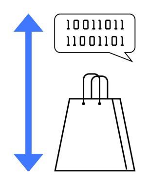Alışveriş çantasının üstünde dikey mavi çift başlı oklu konuşma balonunda ikili kod. E-ticaret, dijital pazarlama, kodlama, çevrimiçi alışveriş, ölçüm, teknoloji ve veri temaları için ideal