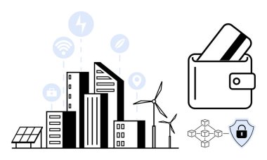 Güneş panelleri, rüzgar türbinleri, dijital cüzdan, engelleme zinciri, güvenlik kalkanı ve bağlantı ikonları olan modern şehir silueti. Teknoloji, enerji, finans, güvenlik akıllı şehirler için ideal