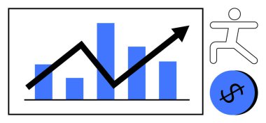 Yükselen oklu çizelge büyümeyi gösteriyor. Çubuk adam mavi dolar işaretine doğru koşuyor. İş, finans, başarı, ilerleme, ekonomi, hedef başarı motivasyonu için idealdir. Modern