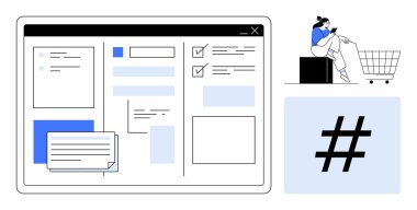 İş akışı yönetim sisteminin arayüz tasarımı, alışveriş arabasıyla telefonda konuşan kişi, meta veri etiketi sembolü. Üretkenlik, dijital organizasyon, çevrimiçi alışveriş, iş yönetimi için ideal