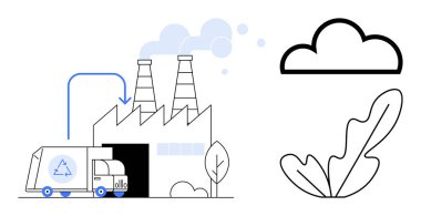 Geri dönüşüm kamyonu duman, bulut ve yaprak dolu bir fabrikada boşaltılıyor. Sürdürülebilirlik, geri dönüşüm, çevre bakımı, kirlilik kontrolü, çevre dostu uygulamalar, sanayi süreçleri için ideal