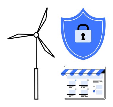 Rüzgar türbini, kilitli mavi güvenlik kalkanı ve çevrimiçi mağaza önü web sayfası. Yenilenebilir enerji, siber güvenlik, e-ticaret, çevre koruma, teknoloji yeniliği, çevrimiçi temalar için ideal