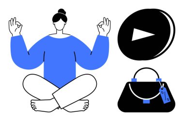 Meditasyon yapan bir kadın, tamam jestler, yakın bir yerde oynatma düğmesi ve fiyat etiketli bir el çantası ile çapraz bacak üstüne atmış. Farkındalık, rahatlama, çevrimiçi öğretim, perakende alışveriş, moda, yaşam tarzı için ideal