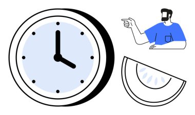 Clock with black hands, simplified lemon wedge, and person in blue shirt pointing. Ideal for time management, productivity, freshness, direction, decision-making, simplicity modern design concepts clipart