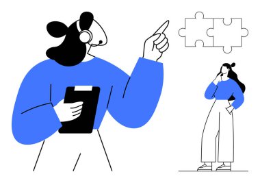 Mavili iki insan figürü, biri bir pano tutuyor ve işaret ediyor, diğeri düşünüyor. Bulmaca parçaları problem çözme anlamına gelir. Takım çalışması, strateji, iletişim ve karar verme için ideal