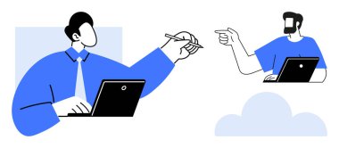 İki kişi dizüstü bilgisayarla iletişim kuruyor, biri işaret ediyor, diğeri yazıyor. Uzaktan çalışma, işbirliği, bağlantı, dijital iletişim, takım çalışması sanal toplantı teknolojisi için ideal. Soyut çizgi