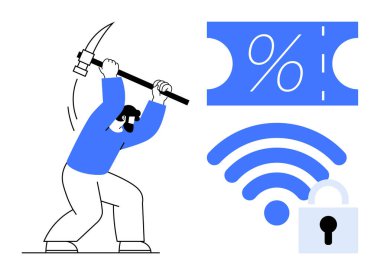 İşçi, kablosuz bir sembol ve kilit simgesinin yanında, kazma ile indirimli bilete vuruyor. Siber güvenlik, veri koruması, çevrimiçi indirimler, internet güvenliği, hackleme, dijital tehditler için ideal