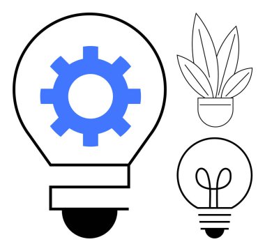 Mavi dişli büyük ampul, daha küçük geleneksel ampul ve basit saksı bitkisinin yanı sıra yeniliği simgeler. Yaratıcılık, büyüme, sürdürülebilirlik ve teknoloji için ideal