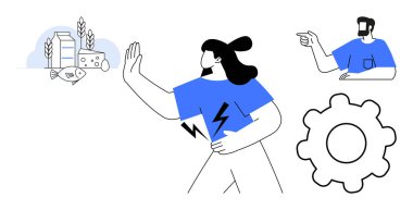 Süt ürünlerini reddeden kişi, süt ve peyniri onaylar, diğer kişi de destek önerir. Laktoz intoleransı kavramı, diyet tercihleri. Sağlık, alerji, yaşam tarzı, beslenme ve destek için ideal