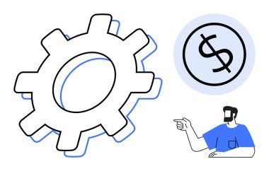 Çemberin içinde bir dolar işaretinin yanında büyük bir vites var ve bir kişi onu işaret ediyor. İş, finans, teknoloji, takım çalışması, ekonomik büyüme ve yenilik stratejisi için idealdir. Soyut satır düzlüğü