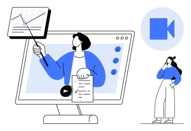 Bilgisayar ekranı, video konferans simgesi ve ilgili izleyici üzerinde işaretleyici ve kontrol listesi olan sanal bir sunum yapan kişi. Uzak çalışma için ideal, webinarlar, e-öğrenme, çevrimiçi eğitim