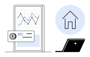 Finansal tabloları gösteren akıllı telefon, BTC işlem paneli, dizüstü bilgisayar ve ev simgesi. Finans, kripto para birimi, yatırım, veri analizi, uzaktan çalışma teknolojisi entegrasyonu için ideal modern