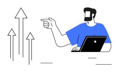 İşadamı dizüstü bilgisayar kullanırken yukarı bakan okları işaret ederek potansiyel büyümeyi gösteriyor. Başarı, liderlik, yenilik, ilerleme, iş stratejisi, başarı ve kariyer büyüme temaları için ideal