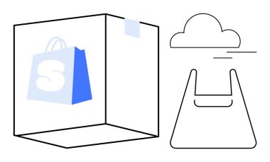 Mavi bantlı karton kutu, S harfi ile alışveriş torbası, bulut, çapraz hız çizgileri. E-ticaret, hızlı dağıtım, lojistik, perakende dijital pazarlama çevrimiçi bulut bilgisayarları için idealdir. Soyut