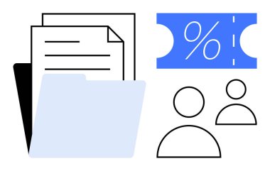 Açık bir klasörün yanına istiflenmiş belgeler, yüzde sembollü mavi indirim kuponu ve insanları temsil eden iki taslak figür. Organizasyon, işbirliği ve verimlilik temaları için ideal