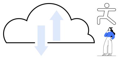 Veri transferini temsil eden yukarı ve aşağı oklarla büyük bulut anahatları. Koşan figür eylemi gösterir, düşünen kişi ise düşünmeyi önerir. Teknoloji ve ilerleme için ideal