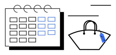 Vurgulanmış tarihler ve fiyat etiketli el çantalı takvim planlama ve bütçeyi gösteriyor. Perakende planlama, satış stratejileri, zaman yönetimi, bütçe planlaması, pazarlama kampanyaları için ideal