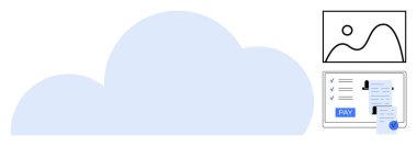 Büyük mavi bulut, bilgisayar ekranı ödeme düğmesi, kullanıcı kontrol listesi, sertifika simgesi, manzaralı resim. Bulut hizmetleri, çevrimiçi işlemler, kullanıcı yönetimi, dijital güvenlik için ideal