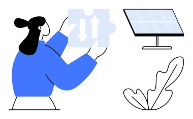 Elinde oklarla yapboz parçası tutan kişi yapraklı bitkinin yanında güneş paneli tutuyor. Yenilik, problem çözme, sürdürülebilirlik, yenilenebilir enerji, çevre bilinci, takım çalışması, yeşil teknoloji için ideal