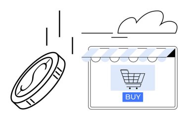 E-ticareti ön plana çıkaran satın alma tuşu ile çevrimiçi alışveriş arabasına para düşmesi. Çevrimiçi işlemler, dijital para birimi, e-ticaret, tüketici davranışı, İnternet alışverişi, pazar stratejisi için ideal