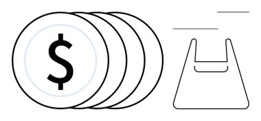 Bir alışveriş çantasının yanında bir yığın bozuk para büyüyor. Finans, ekonomi, tasarruf, yatırım, tüketici davranışı, e-ticaret, pazarlama stratejileri için ideal. Minimalist soyut çizgi düz metafor
