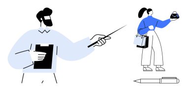 Pano tutan ve sunum yaparken işaret eden bir adam, alışveriş çantalı bir kadın ürünleri inceleyen bir kadın, kalem illüstrasyonu. Sunumlar, iş analizleri, alışveriş, eğitim ve ürün tanıtımı için ideal