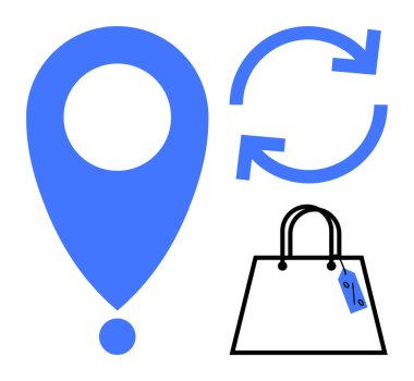 Konum broşu, taze oklar ve etiketli alışveriş çantası. E-ticaret, dağıtım hizmetleri, alışveriş uygulamaları, müşteri hizmetleri, satış etkinlikleri, perakende pazarlama ve navigasyon arayüzleri için ideal