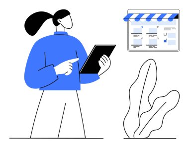 At kuyruklu bir kadın tablet kullanıyor, mavi ve beyaz tentelerle çevrimiçi mağaza arayüzü yönetiyor, soyut bitki. Küçük işletme, e-ticaret, dijital yönetim, SEO, pazarlama, kullanıcı için ideal