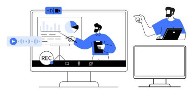 Ekranda grafikler ve grafiklerle sunum yapan bir iş adamı, aktif olarak katılan bir başka kişi. Uzaktan çalışma, video konferansı, çevrimiçi işbirliği, sanal iş için ideal