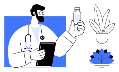 İlaç tabletinde tıp profesörü, bitki ve nilüfer çiçekleri ile çevrili ilaç şişesi üzerinde çalışıyor. Sağlık, sağlık, teşhis, dijital sağlık, ilaç çalışması, klinik araştırma için ideal