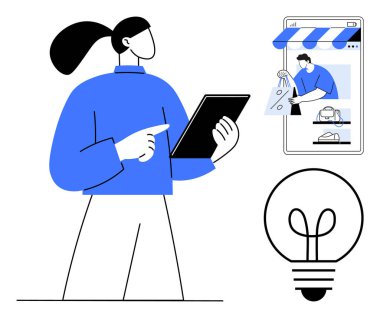 Tablet tutan ve işaret eden bir kadın, mobil cihaz ekranında eşyalarla online alışveriş, ampul. E-ticaret, yenilik, teknoloji, dijital dönüşüm, perakende, çevrimiçi alışveriş için ideal